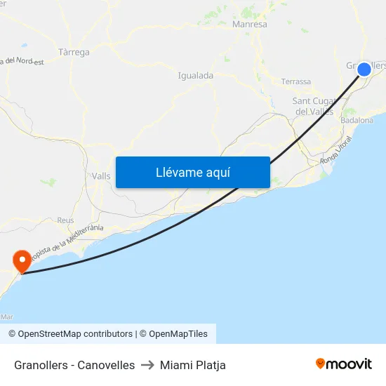 Granollers - Canovelles to Miami Platja map