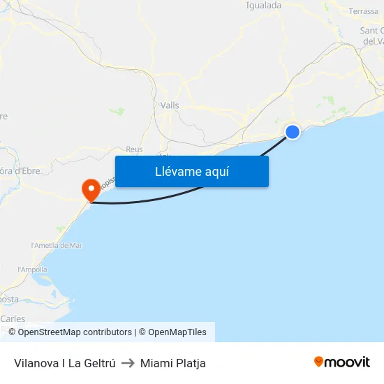 Vilanova I La Geltrú to Miami Platja map