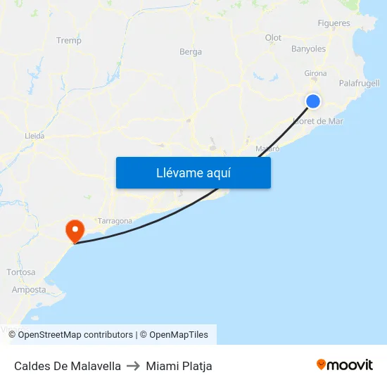 Caldes De Malavella to Miami Platja map