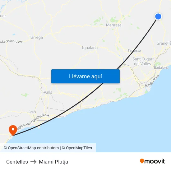 Centelles to Miami Platja map