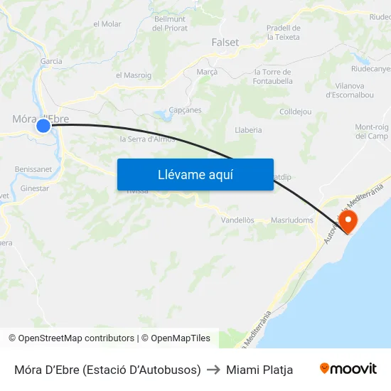 Móra D’Ebre (Estació D’Autobusos) to Miami Platja map