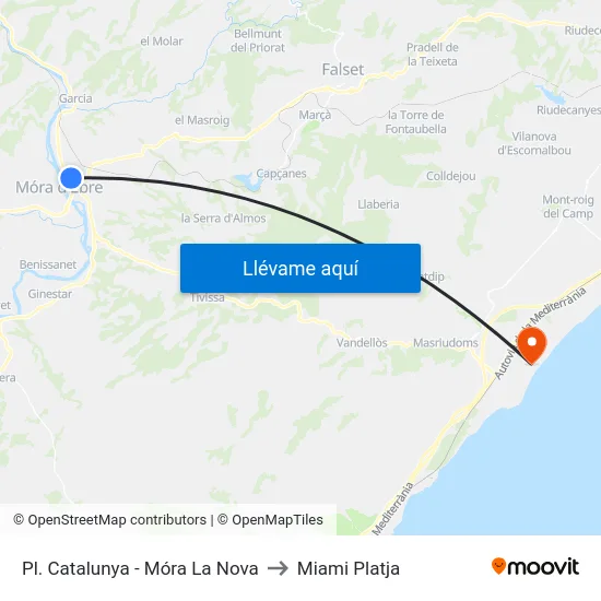 Pl. Catalunya - Móra La Nova to Miami Platja map