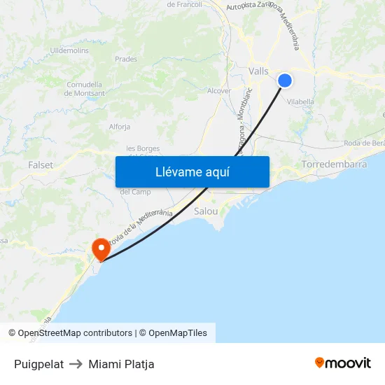 Puigpelat to Miami Platja map