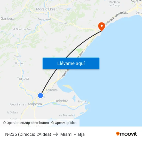 N-235 (Direcció L'Aldea) to Miami Platja map