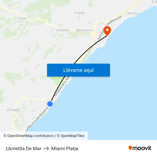L'Ametlla De Mar to Miami Platja map