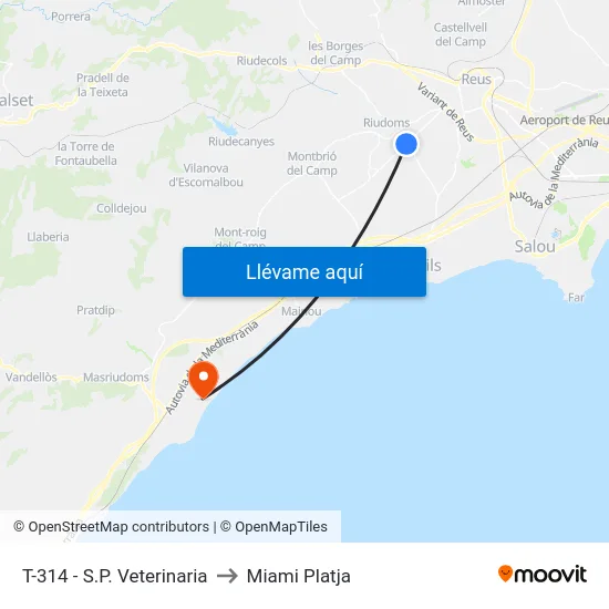 T-314 - S.P. Veterinaria to Miami Platja map