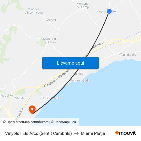 Vinyols I Els Arcs (Sentit Cambrils) to Miami Platja map