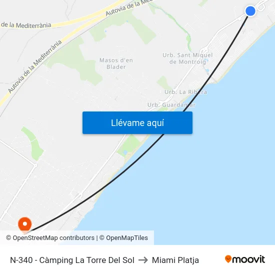 N-340 - Càmping La Torre Del Sol to Miami Platja map