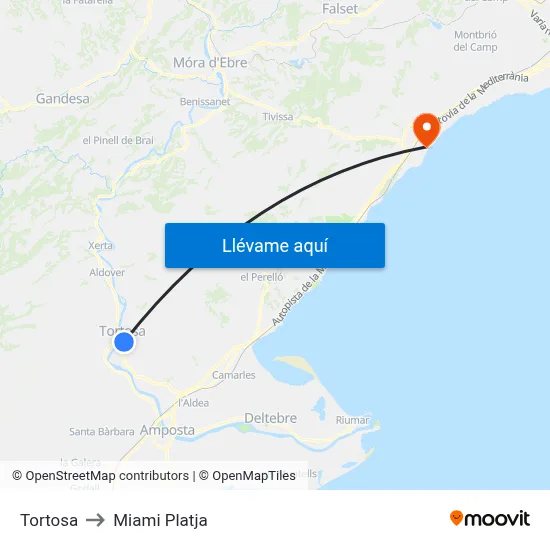 Tortosa to Miami Platja map