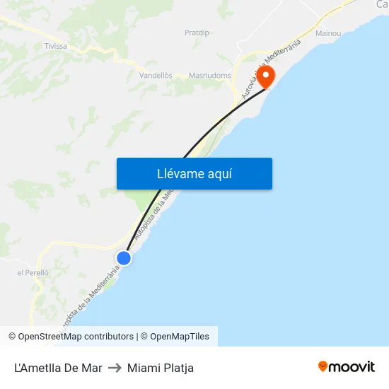 L'Ametlla De Mar to Miami Platja map