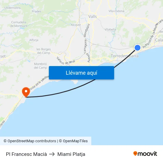 Pl Francesc Macià to Miami Platja map