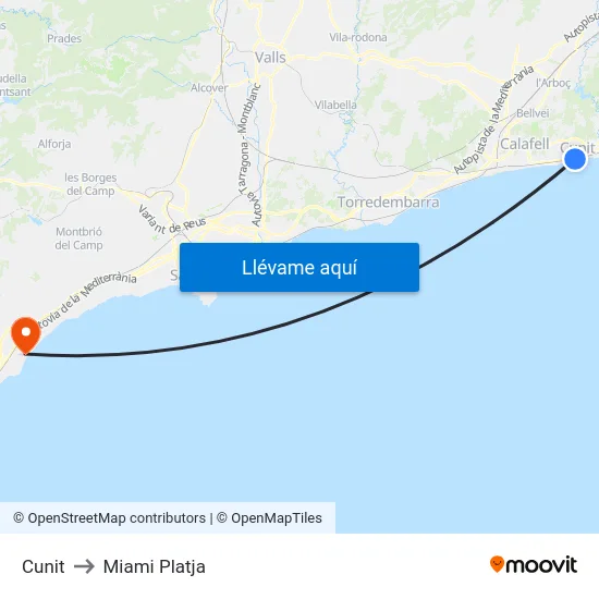 Cunit to Miami Platja map