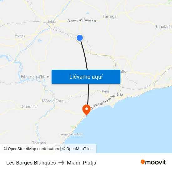 Les Borges Blanques to Miami Platja map