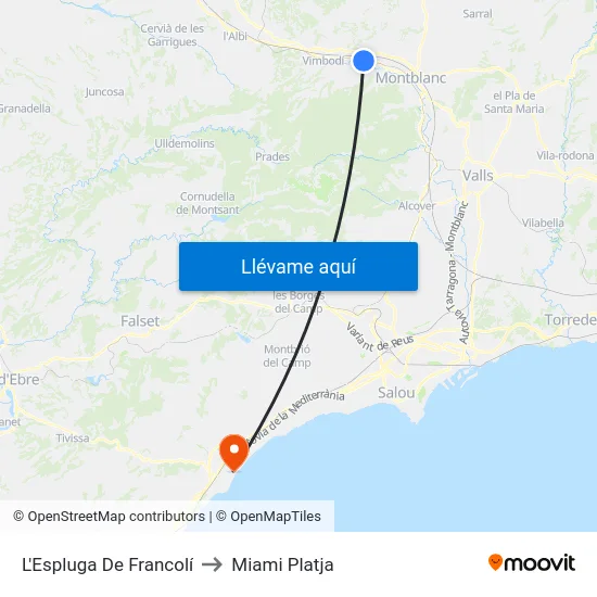 L'Espluga De Francolí to Miami Platja map