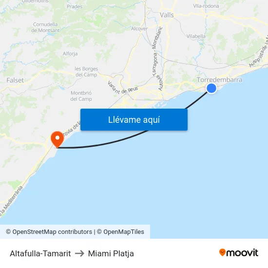 Altafulla-Tamarit to Miami Platja map