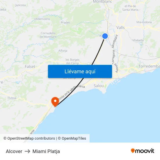 Alcover to Miami Platja map