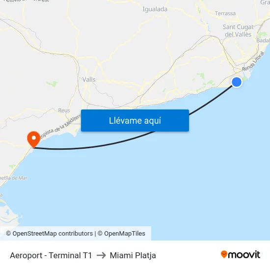 Aeroport - Terminal T1 to Miami Platja map
