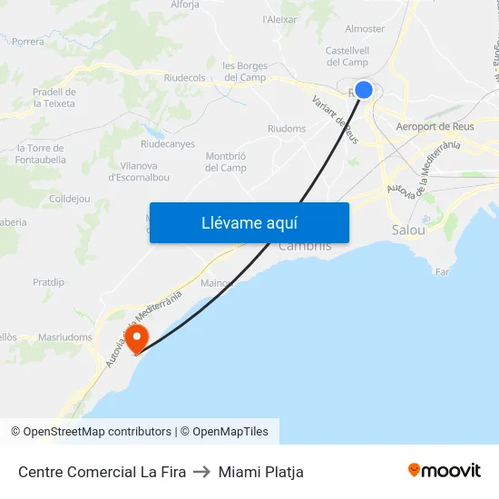 Centre Comercial La Fira to Miami Platja map