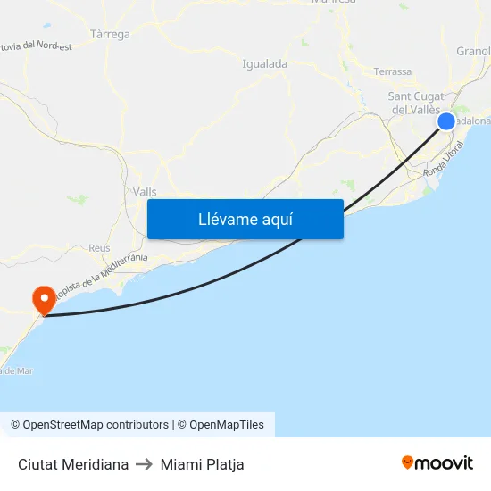Ciutat Meridiana to Miami Platja map