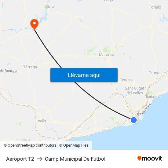 Aeroport T2 to Camp Municipal De Futbol map
