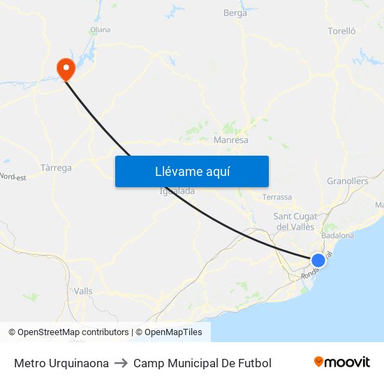 Metro Urquinaona to Camp Municipal De Futbol map