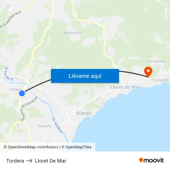 Tordera to Lloret De Mar map