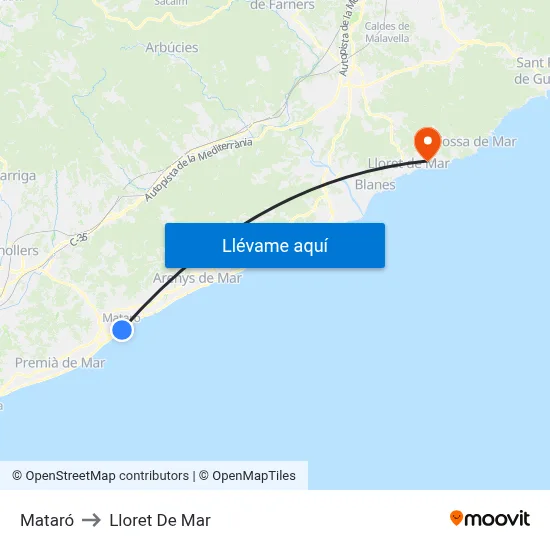 Mataró to Lloret De Mar map