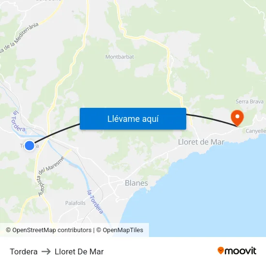 Tordera to Lloret De Mar map