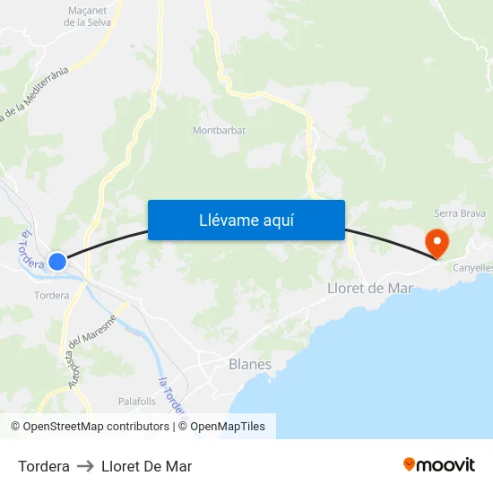 Tordera to Lloret De Mar map