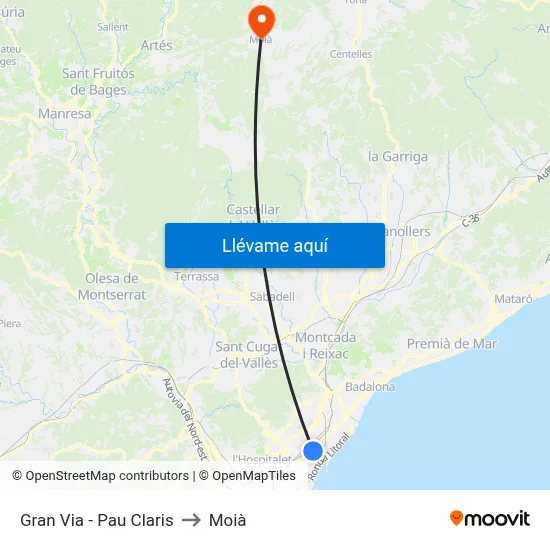 Gran Via - Pau Claris to Moià map