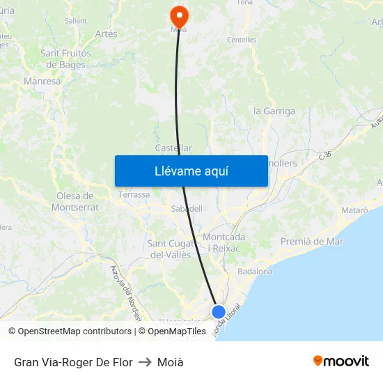Gran Via-Roger De Flor to Moià map
