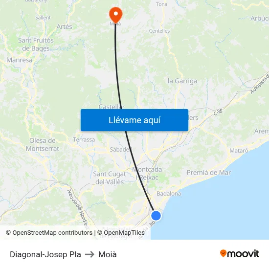 Diagonal-Josep Pla to Moià map