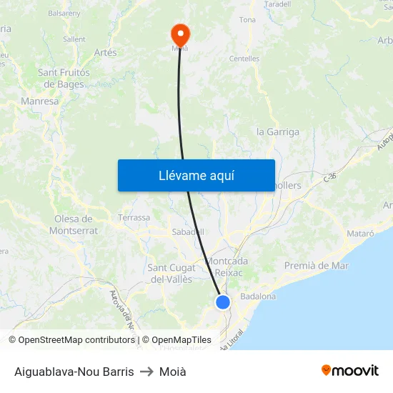 Aiguablava-Nou Barris to Moià map