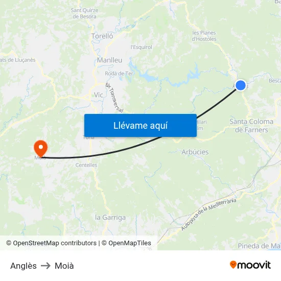 Anglès to Moià map