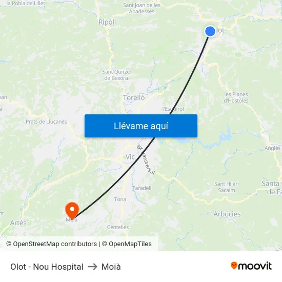 Olot - Nou Hospital to Moià map