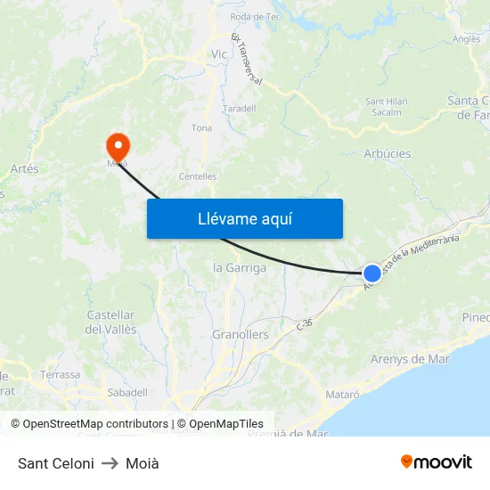 Sant Celoni to Moià map