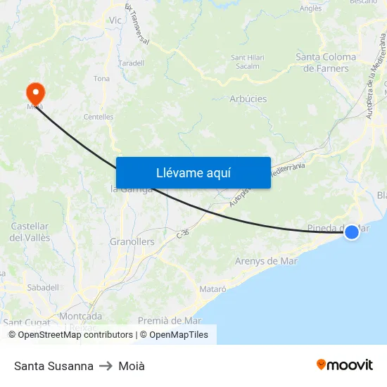 Santa Susanna to Moià map