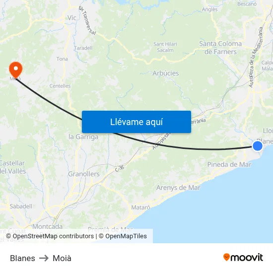 Blanes to Moià map