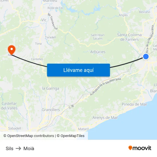 Sils to Moià map