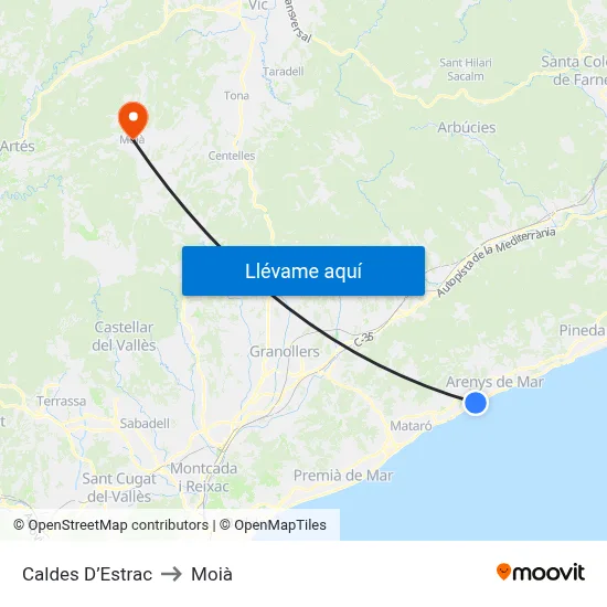 Caldes D’Estrac to Moià map