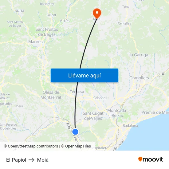 El Papiol to Moià map