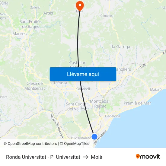 Ronda Universitat - Pl Universitat to Moià map