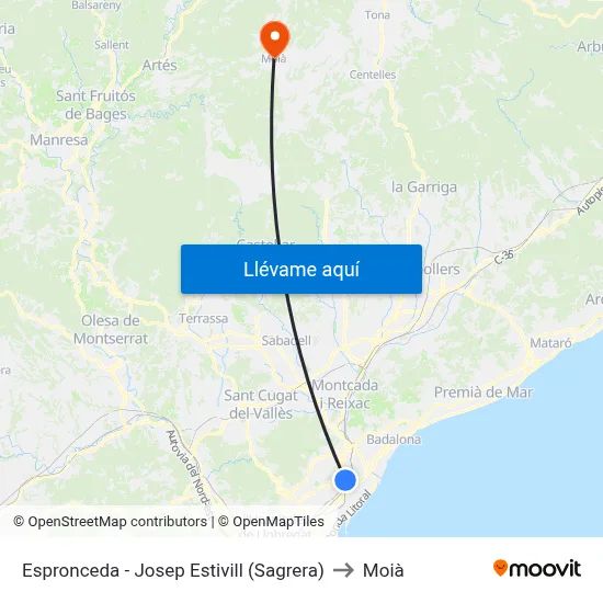 Espronceda - Josep Estivill (Sagrera) to Moià map