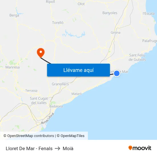 Lloret De Mar - Fenals to Moià map