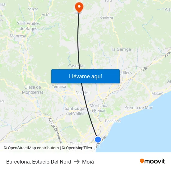 Barcelona, Estacio Del Nord to Moià map