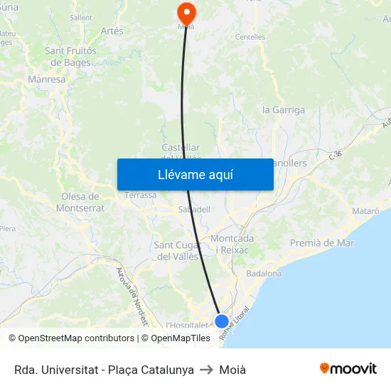 Rda. Universitat - Plaça Catalunya to Moià map