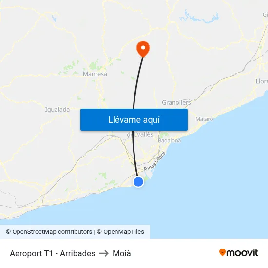 Aeroport T1 - Arribades to Moià map