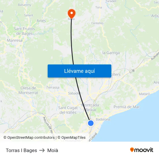 Torras I Bages to Moià map