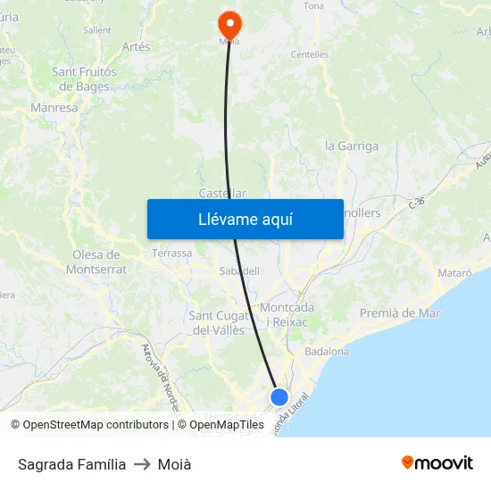 Sagrada Família to Moià map