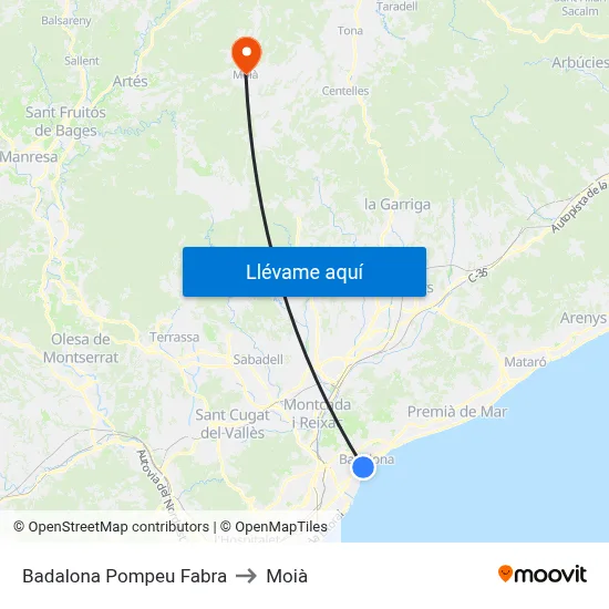 Badalona Pompeu Fabra to Moià map